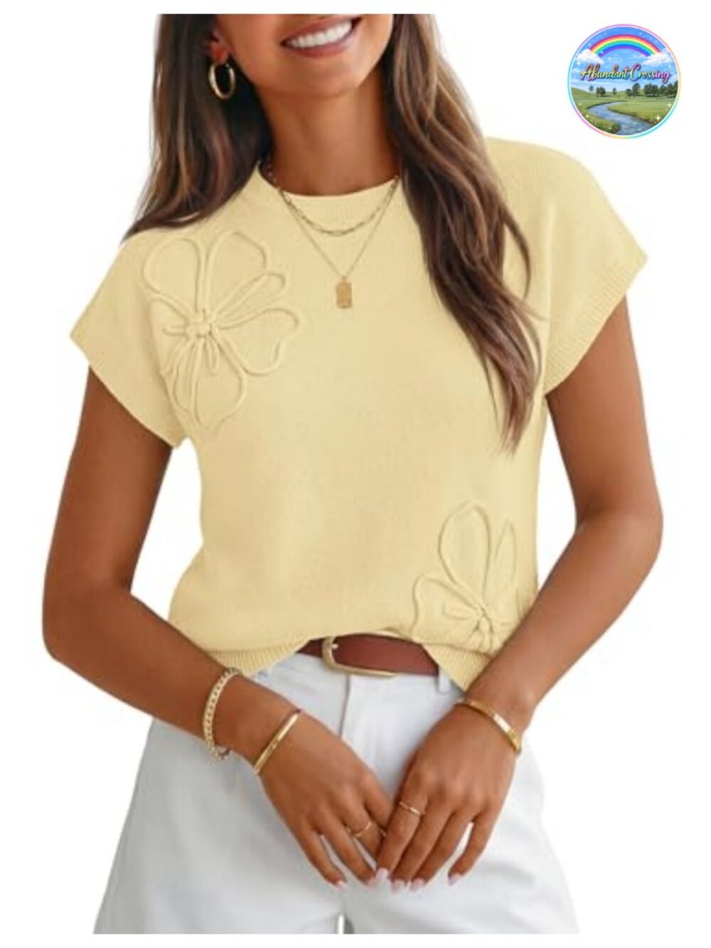 Floral Sweater Vest Short Sleeve Knit Ribbed Trim Crew Neck Work Top